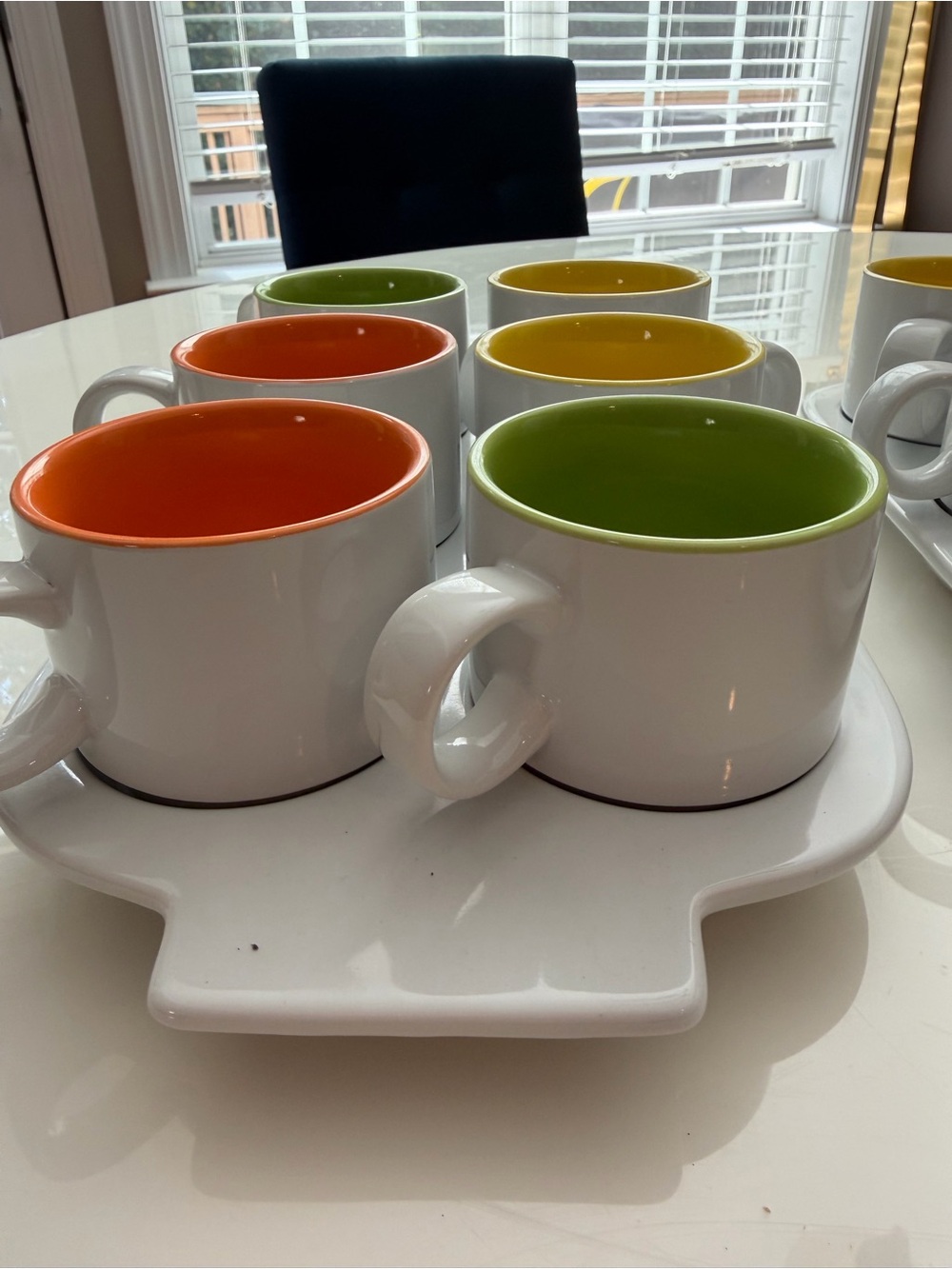 CRATE & BARELL White Ceramic Mugs Set with Orange, Green & Yellow Interiors